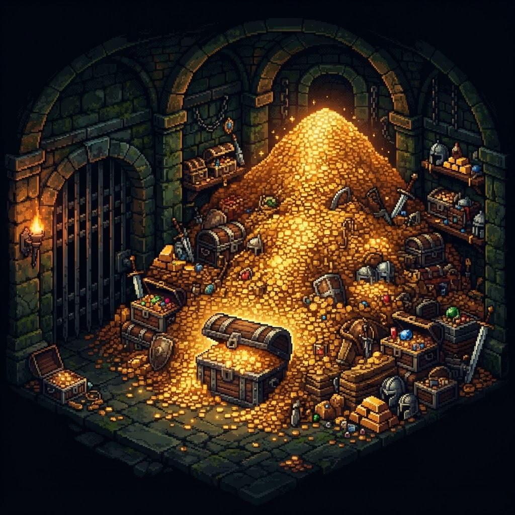 An overflowing medieval bank vault packed with gold coins